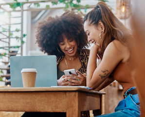 Phone, cafe and happy women or friends with social media, restaurant and online meme for e learning or university remote work. African people or students at coffee shop on mobile app, web and college