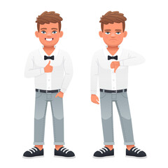 A handsome boy in a white shirt shows a gesture of approval and disapproval. Likes and dislikes. Good and bad.