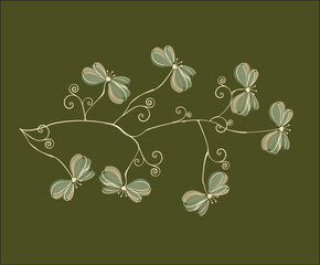 branch with decorative flowers on green background