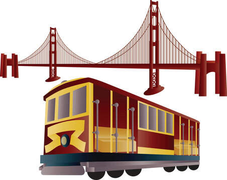 San Francisco Cable Car Trolley and Golden Gate Bridge Illustration