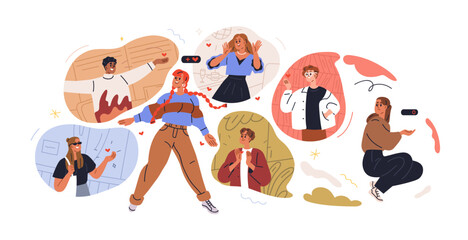 Popular vs unpopular girl. Love psychology concept. Happy woman with many admirers liking her and single sad female with relationship problem. Flat vector illustration isolated on white background