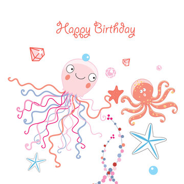 Greeting card with colorful octopus and jellyfish on a white background