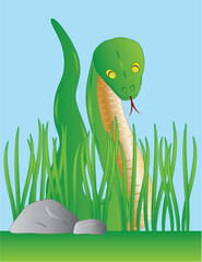 Fototapeta premium Slithering Green Snake Among Grass Illustration