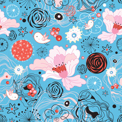 Seamless floral pattern with birds on a blue background