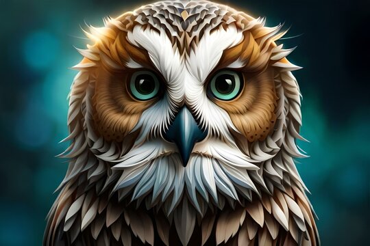 A close-up of an owl's face, capturing its intricate patterns, sharp beak, and intense gaze