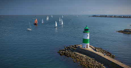 Aerial view of a tall ship and a sailing boat by the entrance into the Schlei from the Baltic Sea ...