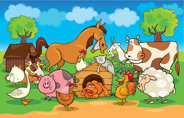 cartoon illustration of rural scene with farm animals group
