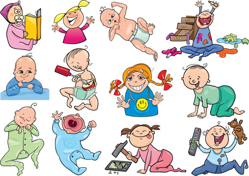 cartoon illustration of babies and children set
