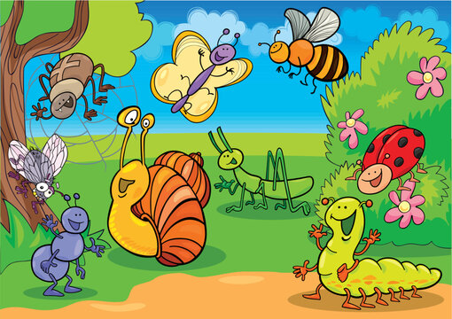 cartoon illustration of funny insects on the meadow