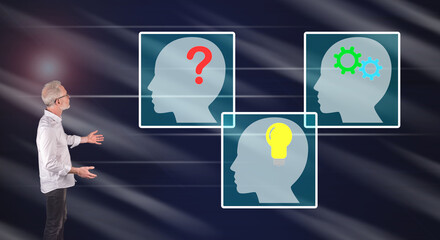 An innovation concept explained by a businessman on a wall screen