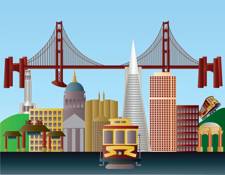 San Francisco California City Skyline with Golden Gate Bridge Illustration