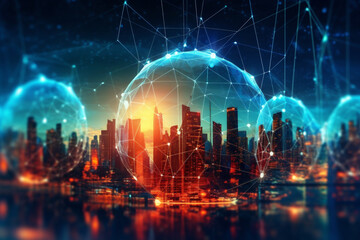 Fototapeta premium Communication network of urban city. Internet of Things. Business network on city background. AI Generative