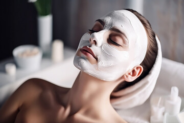 Fototapeta premium A girl in a cosmetic mask is resting in a beauty salon. Self care, beauty. generative AI tools 