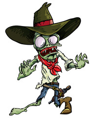 Cartoon cowboy zombie with gun belt and hat. Isolated on white