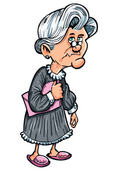 Cartoon old lady with handbag. Isolated on white
