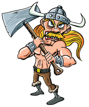 Cartoon Viking with huge axe. Isolated on white