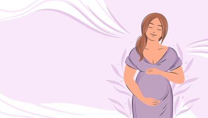 Banner about pregnancy and motherhood with place for text. Pregnant woman, future mom hugging belly with arms. Vector illustration.