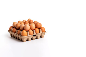 Fresh farm eggs in storage on white background with copy space. Created with Generative AI Technology
