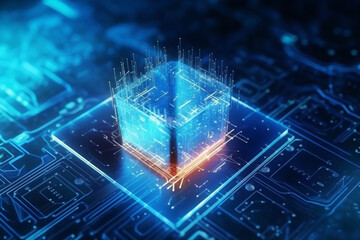 Block chain or cube technology with blue background, financial basic income mining cryptocurrency. Blockchain network system. Generative AI