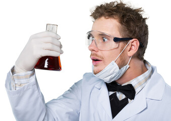 Surprised crazy scientist man with test tube