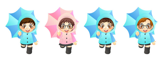 Set of cute boy and girl with raincoat and umbrella, print, artwork, doodle, vector illustration (Vector)