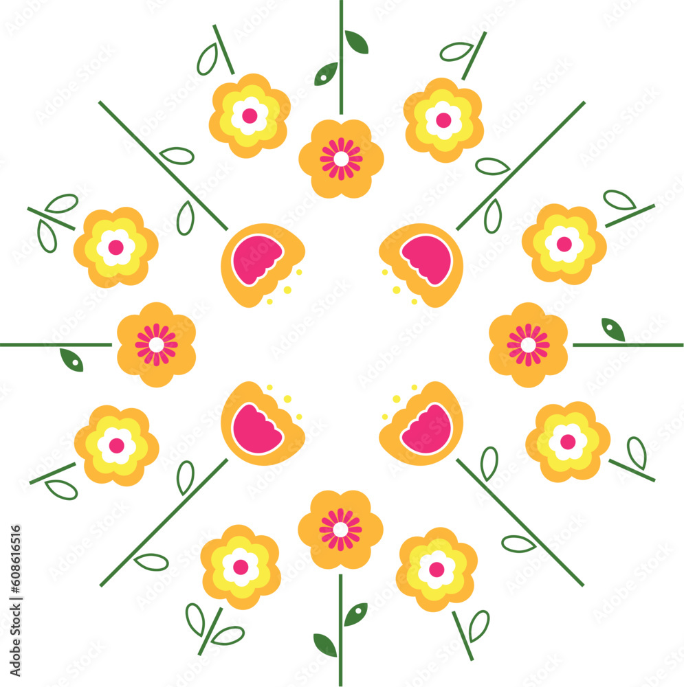 Poster yellow and pink flowers in circle isolated on white. vector