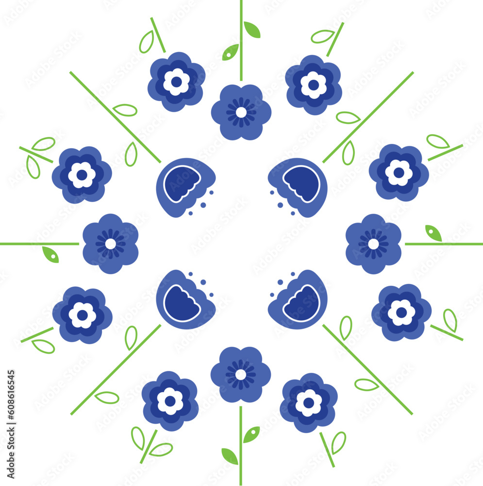 Sticker blue flowers in circle isolated on white. vector