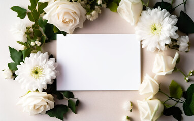 Obraz na płótnie Canvas A blank white card or invitation surrounded by beautiful white flowers, summer flowers and bright colors. Copy space, greeting card. Shallow depth of field, Illustrative Generative AI.