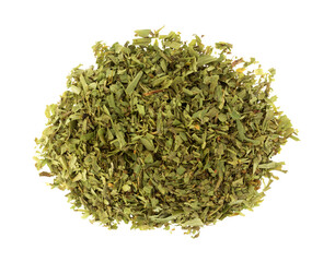 Overhead view of a small portion of cut tarragon isolated on a white background.