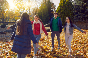 Group of happy friends meeting in sunny autumn park. Cheerful young people enjoying fall season and having fun outdoors. Joyful women and man running to hug friend who they haven't seen for long time