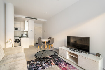 Studio apartment with a combined kitchen and living room with a corner sofa, tables and chairs and...