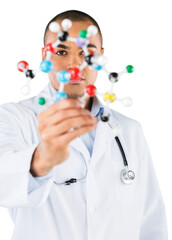 Fototapeta na wymiar Scientist man holding molecule form isolated