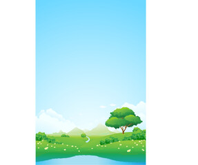 Fototapeta premium Green landscape with lake trees mountains and flowers