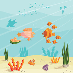 Fototapeta na wymiar Illustration of an underwater ocean scene with small cartoon fishes