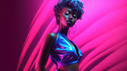 African american model  in pink and blue light, futuristic fashion ai illustration  - obrazy, fototapety, plakaty