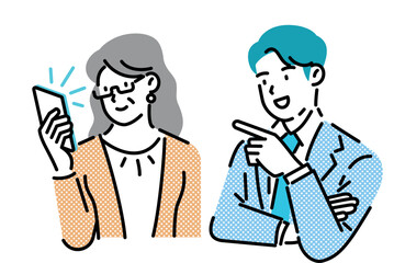 A middle-aged woman and a young man checking their smartphones