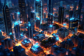 Fototapeta na wymiar Communication network of urban city. Internet of Things. Business network on city background. AI Generative