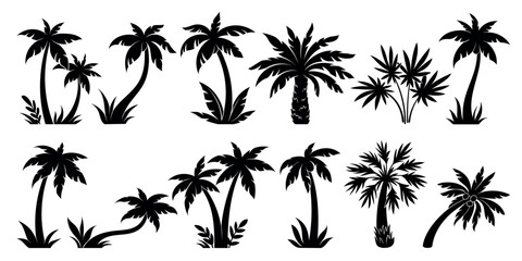 Fototapeta na wymiar Palm trees silhouette set. Black exotic plants of different shapes. Banana or coconut tropical trees. Wild flora in africa and jungle. Hand drawn vector collection isolated on white background