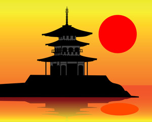 silhouette of a pagoda on an orange background