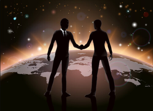 Global business or networking concept, business men shaking hands in agreement on world map