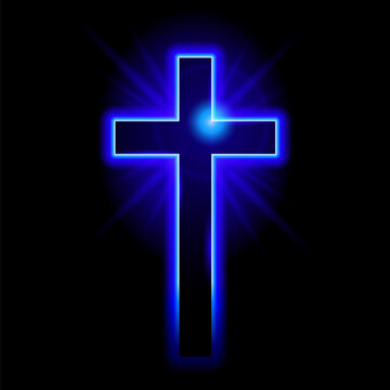 Blue Christian symbol of the crucifix. Illustration on black background