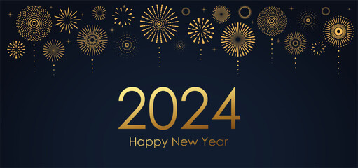 2023 New Year Abstract golden fireworks and golden gradient numbers on dark blue background