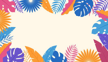 Summer background design, exotic colorful jungle leaves on white background.
