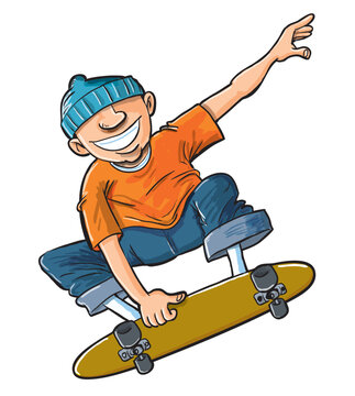 Cartoon of boy jumping on his skateboard. Isolated on white