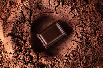 Chocolate slice in cocoa powder, top view. Cocoa background