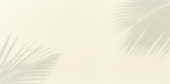 Panorama of texture wall with coconut palm leaf shadow on sand background. © preto_perola