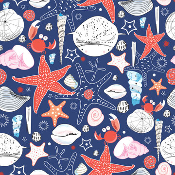 seamless pattern with sea stars and crabs on a dark blue background