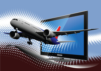 Blue dotted background with Flat computer monitor with passenger airplane image . Display. Vector illustration