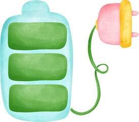 Eco friendly save energy, cute full green battery plug and green leaf symbol watercolor painting