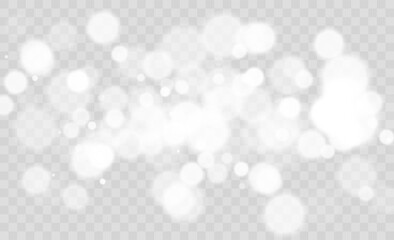 Light abstract glowing bokeh lights. Light bokeh effect isolated on transparent background. Christmas background from shining dust. Christmas concept flare sparkle. White png dust light. © exvanesko